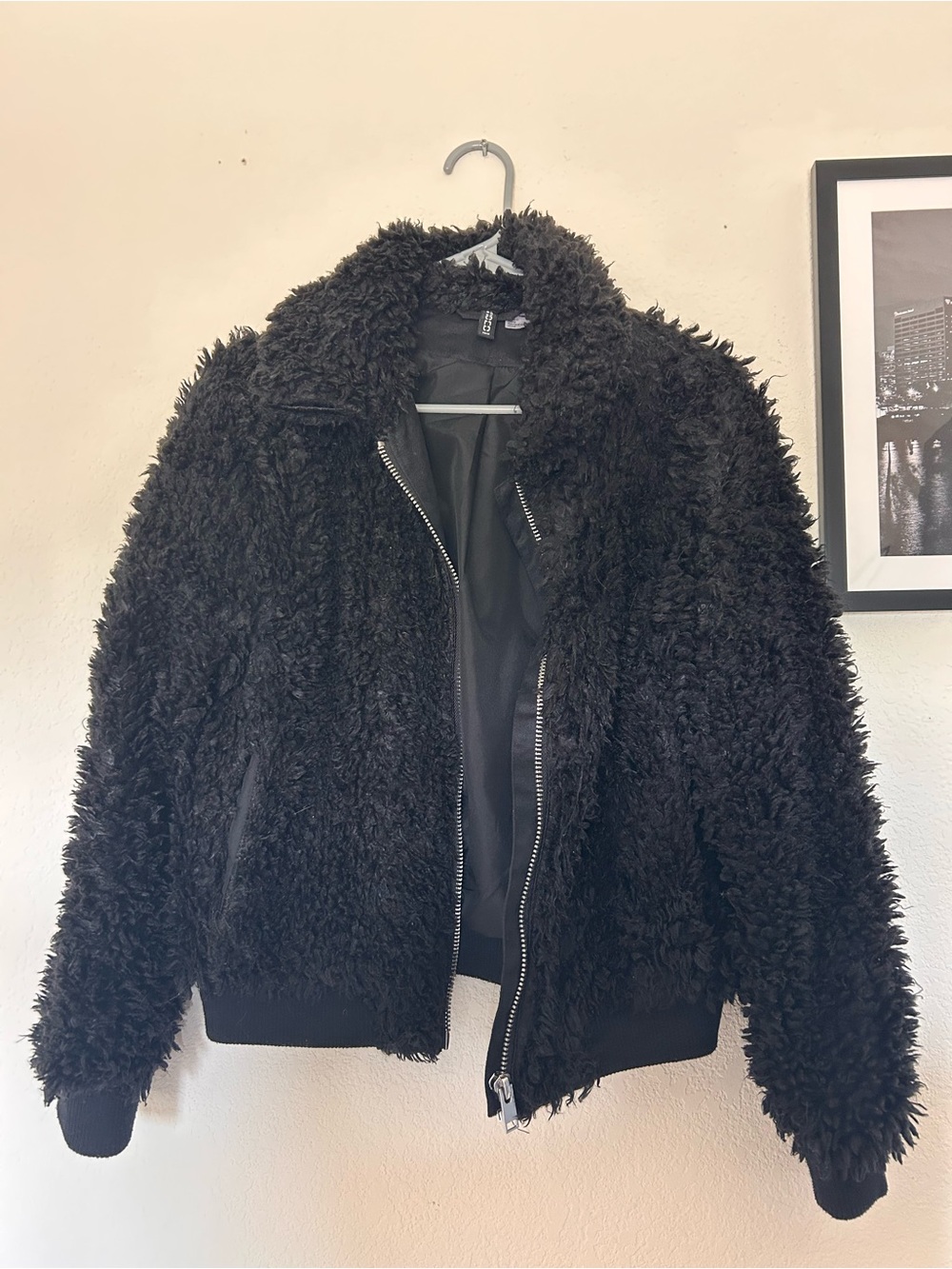 H&M Black Faux-Sherpa Zip Bomber Jacket